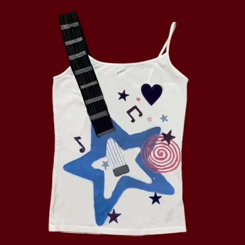 Camiseta de Verano Estilo Punk Rock Y2K con Diseño Visual de Notas Musicales, Estilo Vintage, Hip Hop, Personalidad Emo, Corte Ajustado para Chicas
