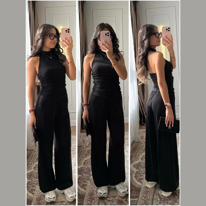 Vestido sin mangas con cuello colgante para mujer, vestido liso de satén con espalda descubierta, vestidos informales de oficina con tirantes finos, nueva Suite de primavera 2025