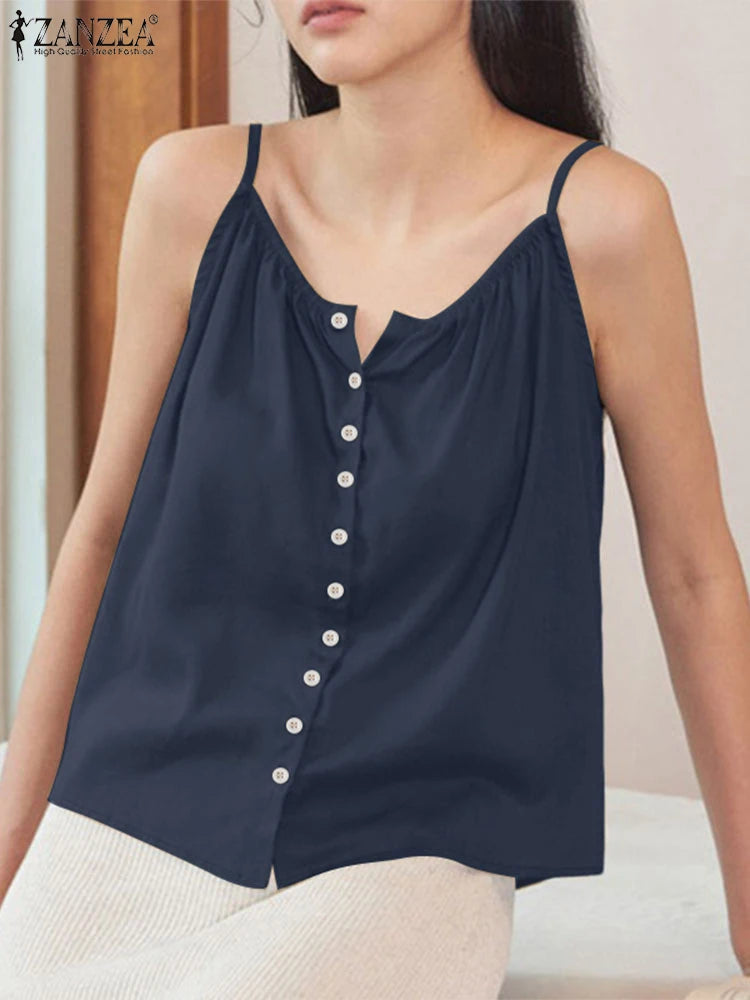 2025 camisetas sin mangas de verano para mujer ZANZEA moda Spaghetti Strap Blusa de algodón Casual suelta sólida playa Camis sin mangas camisa de vacaciones