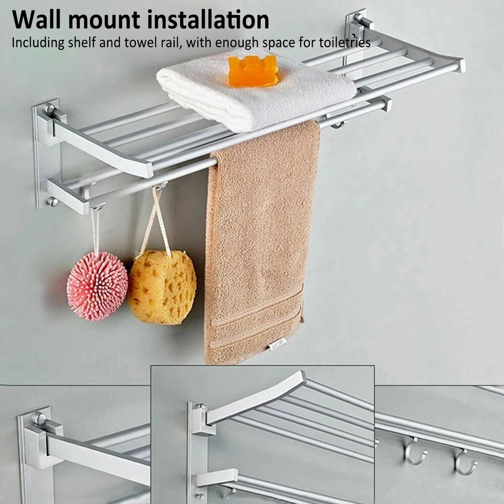Estante de ducha de 40cm, toallero de baño plegable de aluminio con 5 ganchos, estante de almacenamiento de accesorios de baño plateado, organizador de toallas