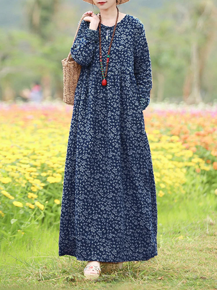 Vestido Floral Vintage mujer 2025 ZANZEA otoño Vestidos largos bohemios Casual manga larga Maxi Vestidos bata suelta Mujer de gran tamaño
