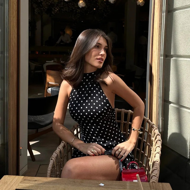 Elegante Vestido Mini de Puntos con Hombros Descubiertos para Mujer, Sin Mangas, Espalda Descubierta, Cintura Alta, Estilo Y2K, Moda de Verano, Vestido de Fiesta para Club