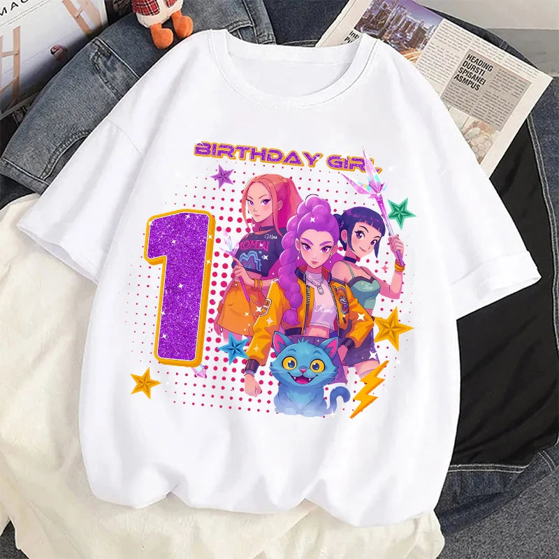 Nueva camiseta K Pop Demon Huntersd para niños, camisetas con estampado de números de cumpleaños de dibujos animados, camisetas de manga corta para niñas, ropa para niños