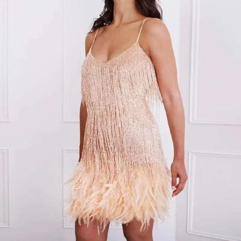 2025 nuevo Sexy borla lentejuelas pluma Mini vestido mujeres Spaghetti Strap costura vestidos mujer elegante vestido de fiesta de noche Club