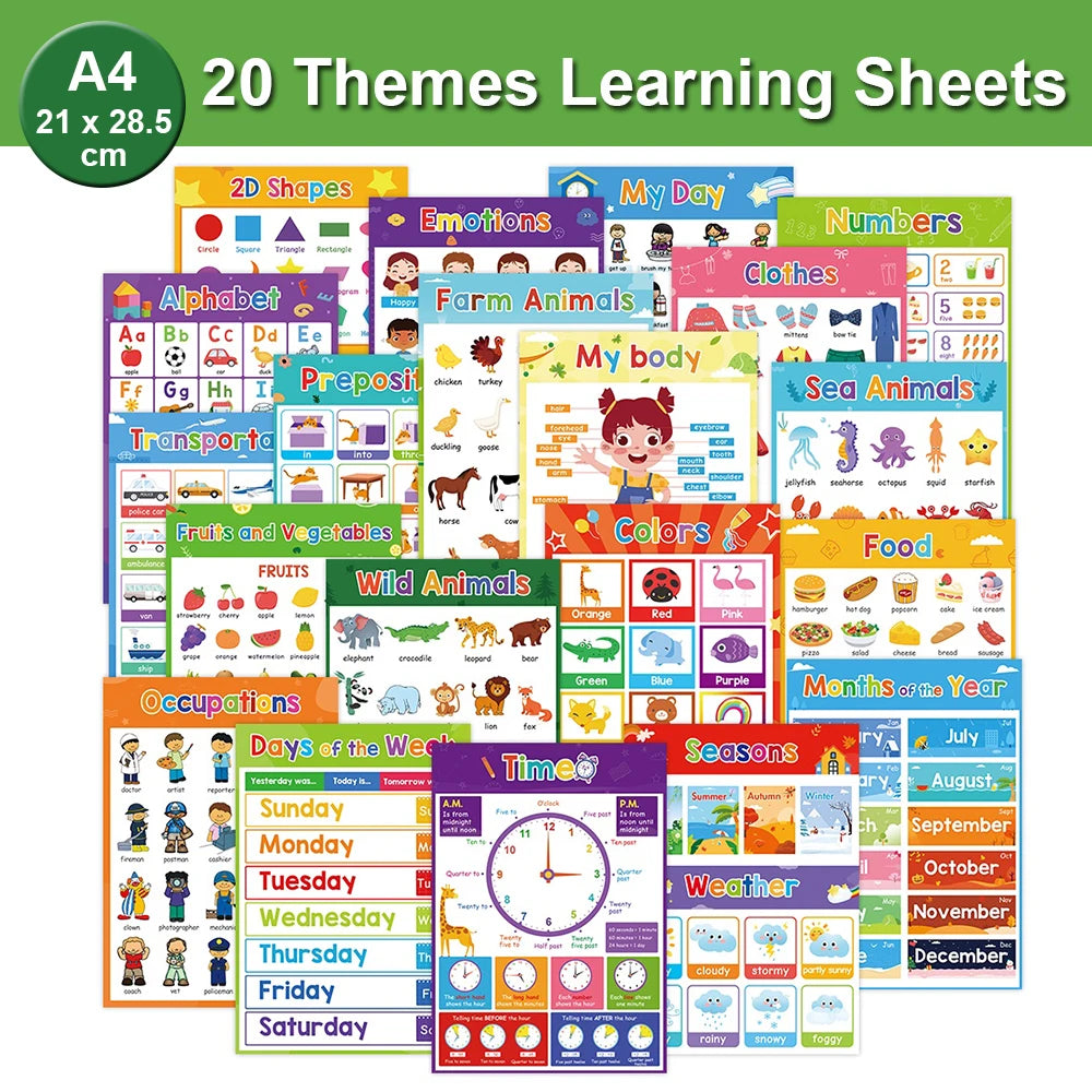 Pósteres educativos para niños en edad preescolar, gráficos de aprendizaje de palabras en inglés, material didáctico, decoración del aula, tarjeta grande Montessori
