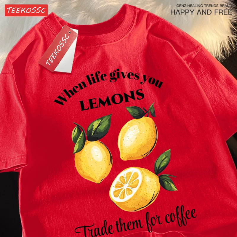 Cuando la vida te donne limones comerciamos tiene café impresiones Retro mujer Camiseta de algodón de moda ropa de Hip Hop suelta Unisex Top