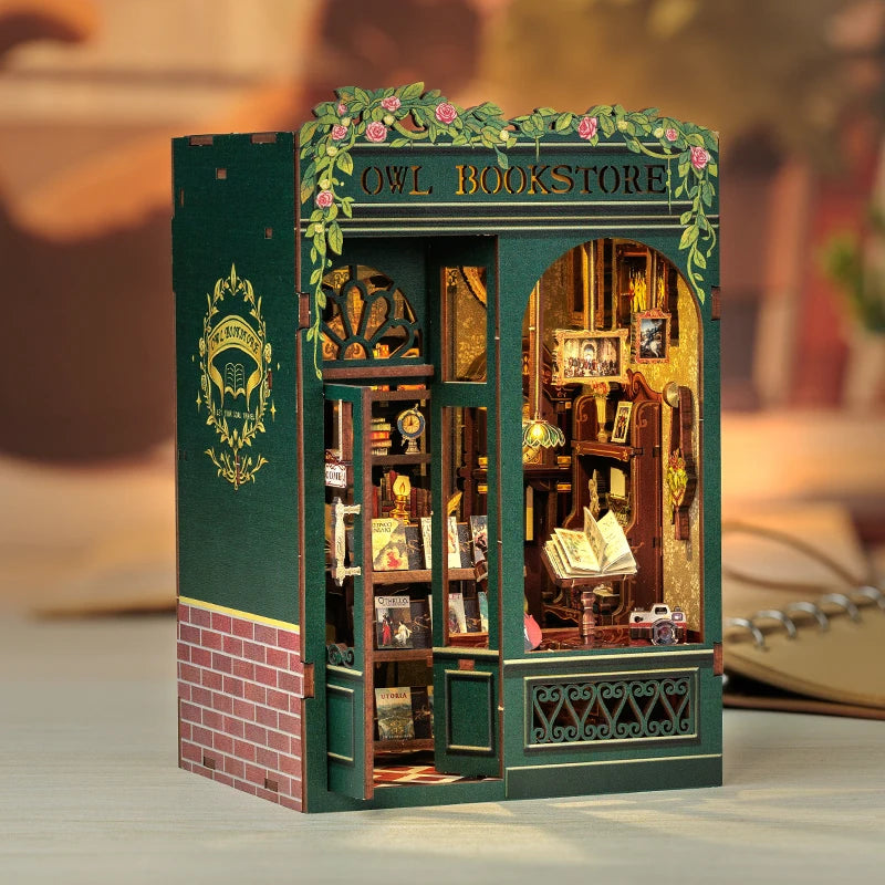 CUTEBEE-Kit de rincón de libros DIY, casa de muñecas en miniatura con inserto de estantería de madera ligera, decoración de librería Retro para regalos, serie de librería