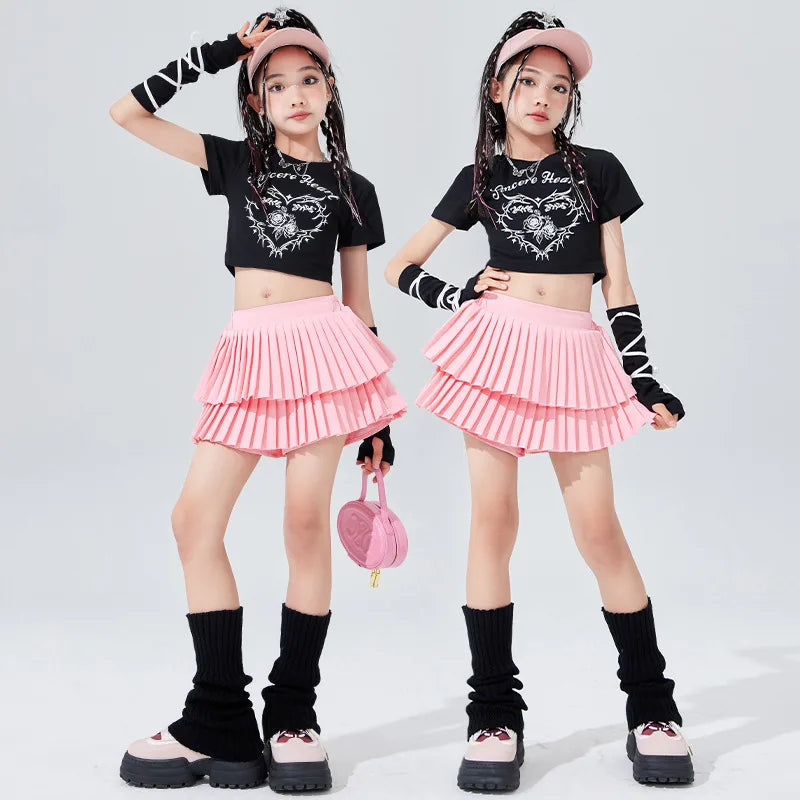 Ropa bonita de Hip Hop para chico, camiseta corta con estampado rosa, mangas, minifalda plisada en capas blancas para niñas, tra
