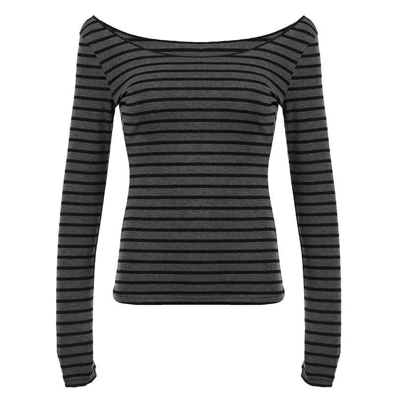Lamuusaa Grunge Top y2k ropa mujer Cybercore rayas fuera del hombro Camiseta de manga larga 2000s ropa gótica ropa de calle de otoño