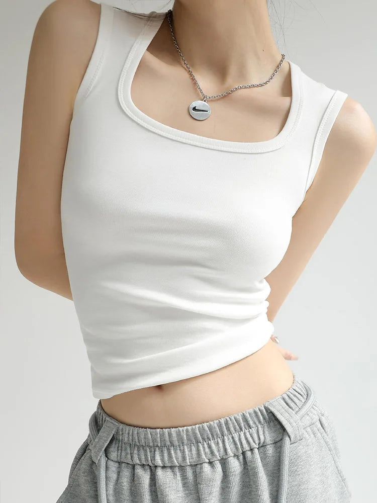 Camiseta sin mangas acanalada con cuello en U para mujer, camisola elástica básica térmica sin mangas, ropa térmica de verano para mujer