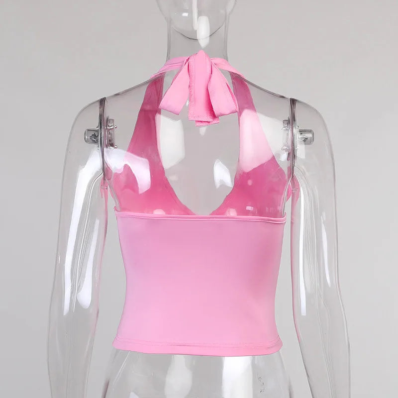 Camiseta sin mangas con cuello en V para mujer, Top Sexy con espalda descubierta, rosa, corsé