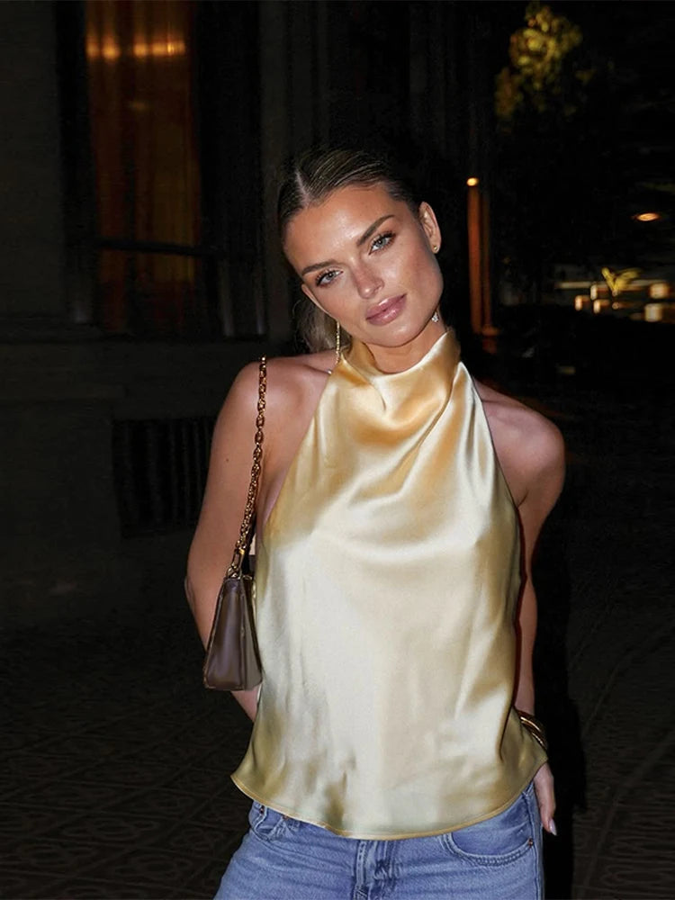 Vestido sin mangas con cuello colgante para mujer, vestido liso de satén con espalda descubierta, vestidos informales de oficina con tirantes finos, nueva Suite de primavera 2025