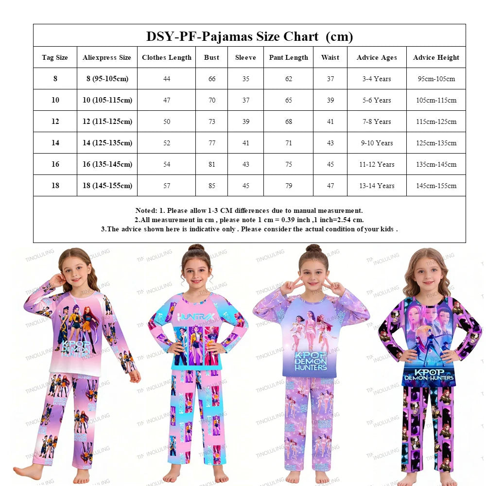 Conjunto de pijamas para niños KPop Demon Hunters Huntrix, ropa de manga larga para niñas, 2 uds., ropa de dormir para niños, ropa de dormir de dibujos animados para niños de 3 a 14 años