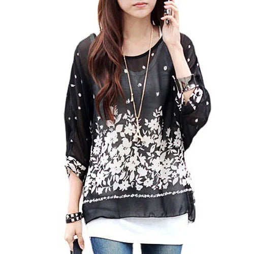 Novedad 2015 de mini vestidos casuales de gasa con estampado de flores para señoras, vestidos estilo bohemio con manga de murciélago en tallas grandes 4XL 5XL 6XL