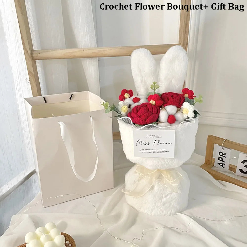 Ramo de flores de ganchillo con orejas de conejo, ramo de flores completo hecho a mano con bolsa de regalo, ramo de rosas de punto creativo para el día de la madre