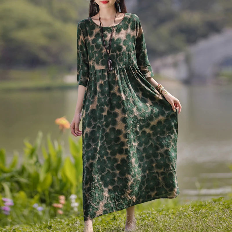 Vestido Floral Vintage mujer 2025 ZANZEA otoño Vestidos largos bohemios Casual manga larga Maxi Vestidos bata suelta Mujer de gran tamaño