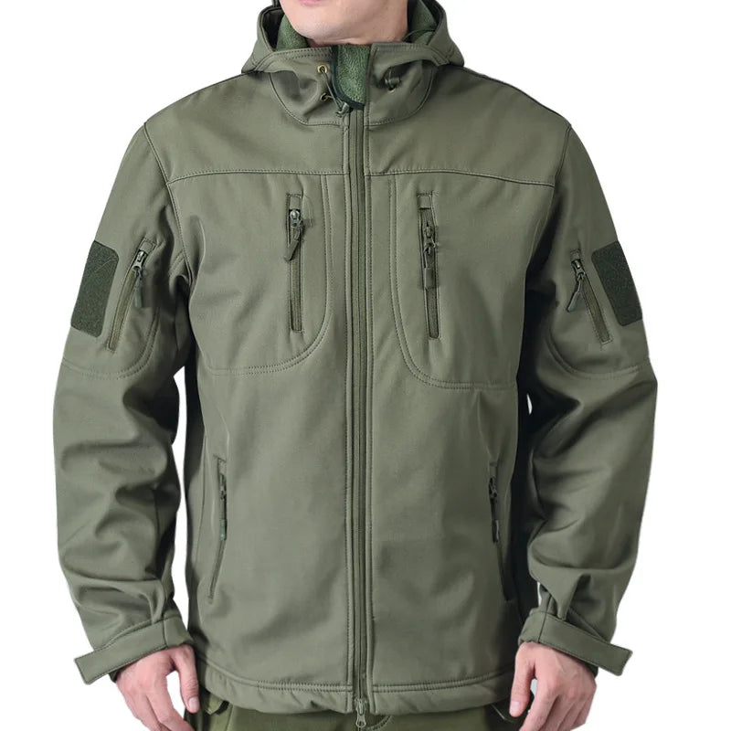 Chaqueta táctica de concha suave de piel de tiburón para hombre, abrigo con capucha de lana impermeable, ropa de caza, chaqueta de camuflaje para exteriores, invierno
