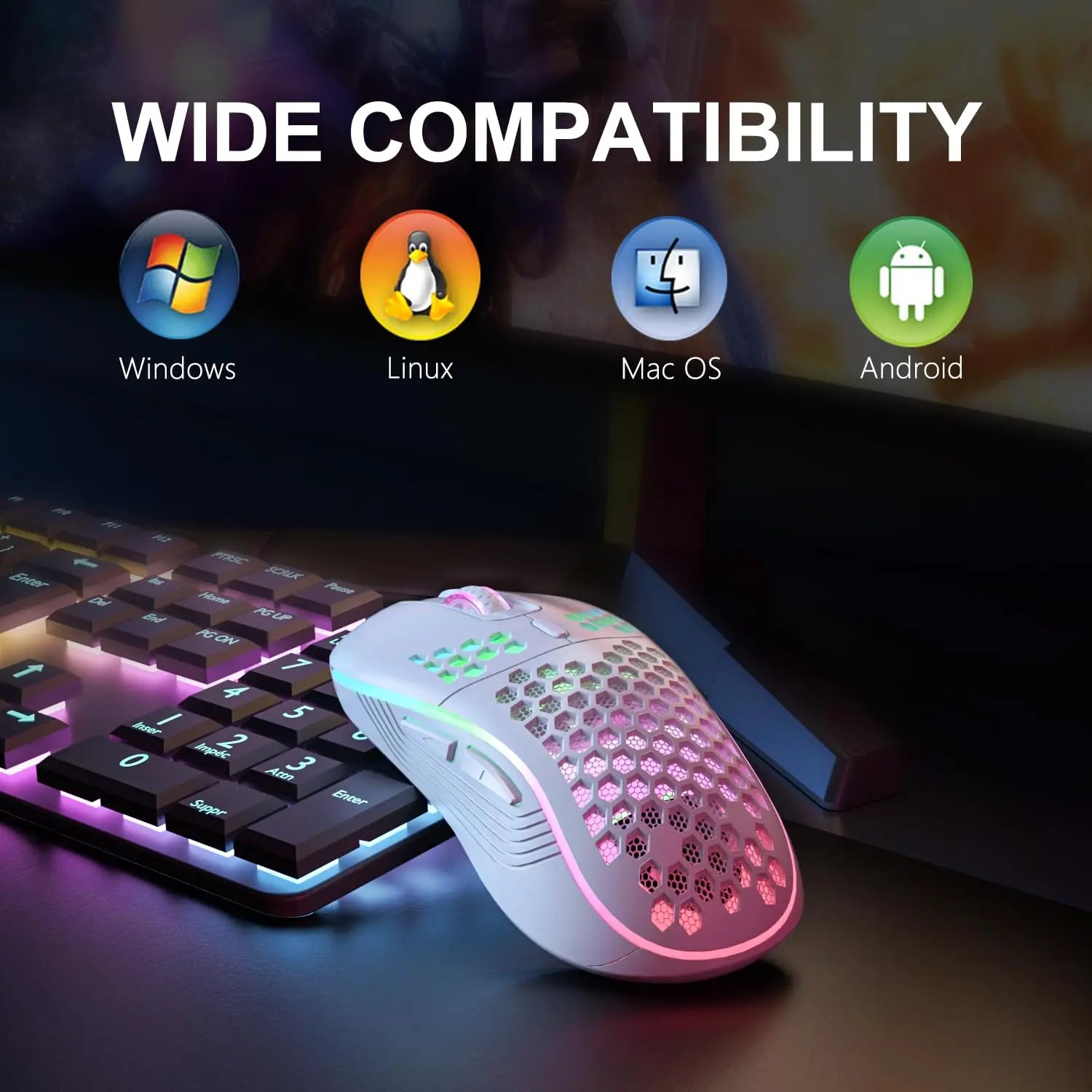Ratón inalámbrico 2,4G con retroiluminación RGB, 6 botones, 3 velocidades, DPI tipo C, recargable, ergonómico, diseño de panal, ratón para juegos