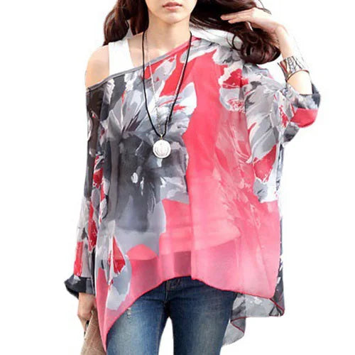 Novedad 2015 de mini vestidos casuales de gasa con estampado de flores para señoras, vestidos estilo bohemio con manga de murciélago en tallas grandes 4XL 5XL 6XL