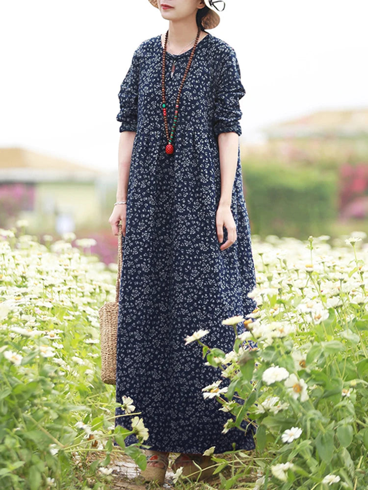 Vestido Floral Vintage mujer 2025 ZANZEA otoño Vestidos largos bohemios Casual manga larga Maxi Vestidos bata suelta Mujer de gran tamaño