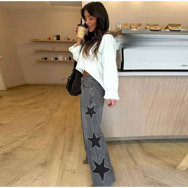 Pantalones vaqueros elegantes con decoración de perlas para mujer, pantalones de pierna ancha de cintura alta, ropa de calle nueva de moda, pantalones de lujo 2025