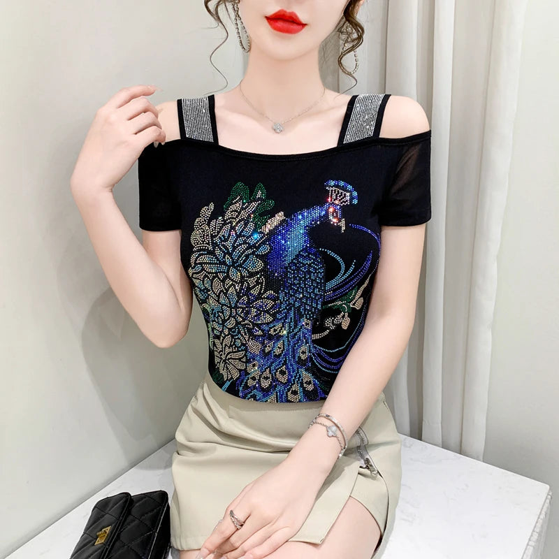 Ropa de calle europea, camiseta de marca para mujer, camisetas ajustadas de manga corta elegantes con diamantes brillantes para mujer