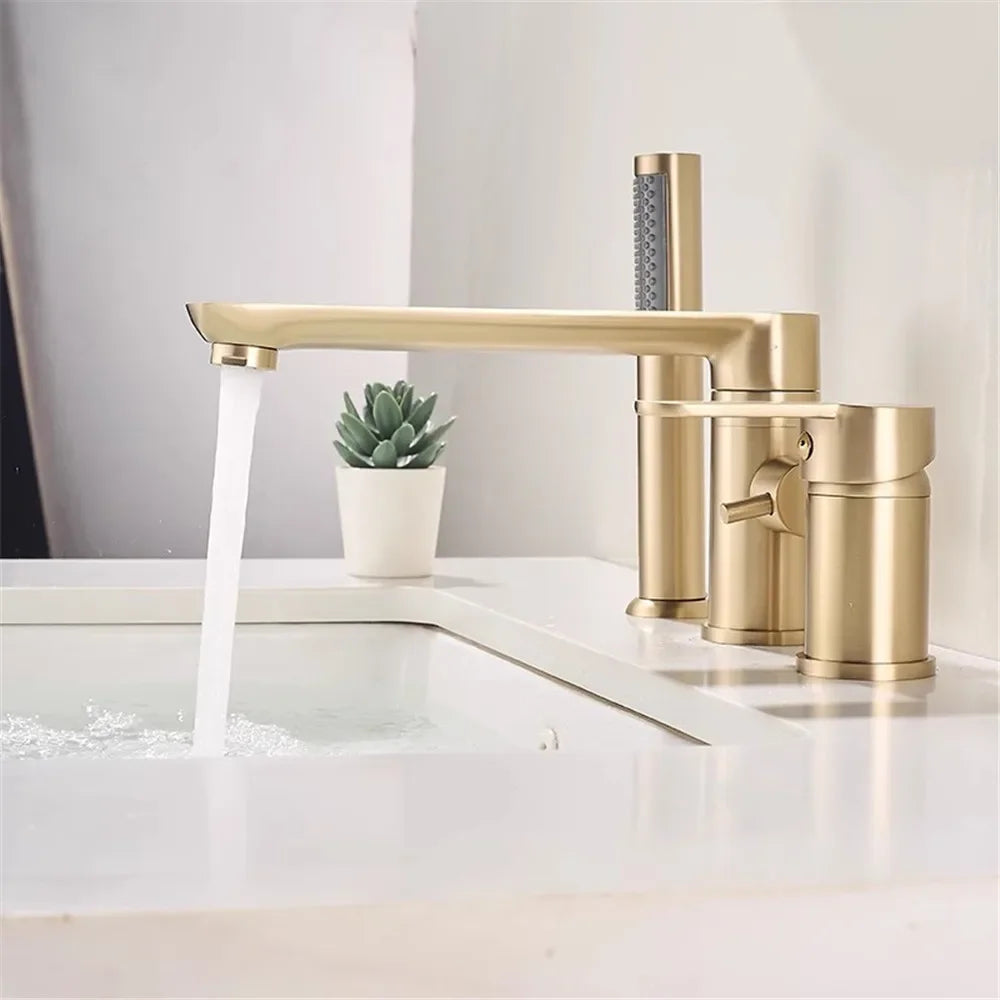 Grifo de bañera de Oro pulido, grifo mezclador de lavabo de bañera generalizado, grifo de ducha de baño de latón negro con cabezal de ducha de mano
