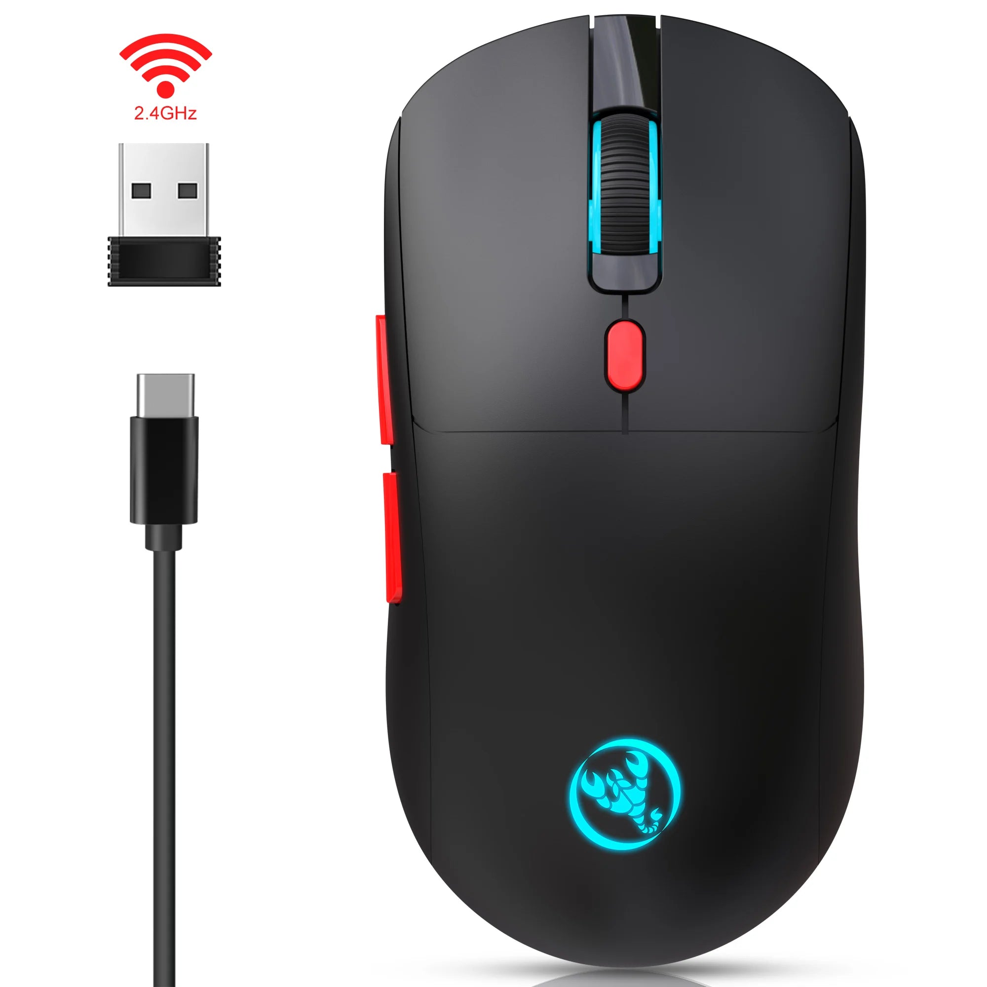 Ratón Inalámbrico Recargable de 2.4G, 650mAh, Ajustable a 3600DPI, Iluminación RGB de 7 Colores, Ergonómico y Silencioso para Oficina, Portátil, PC y Juegos