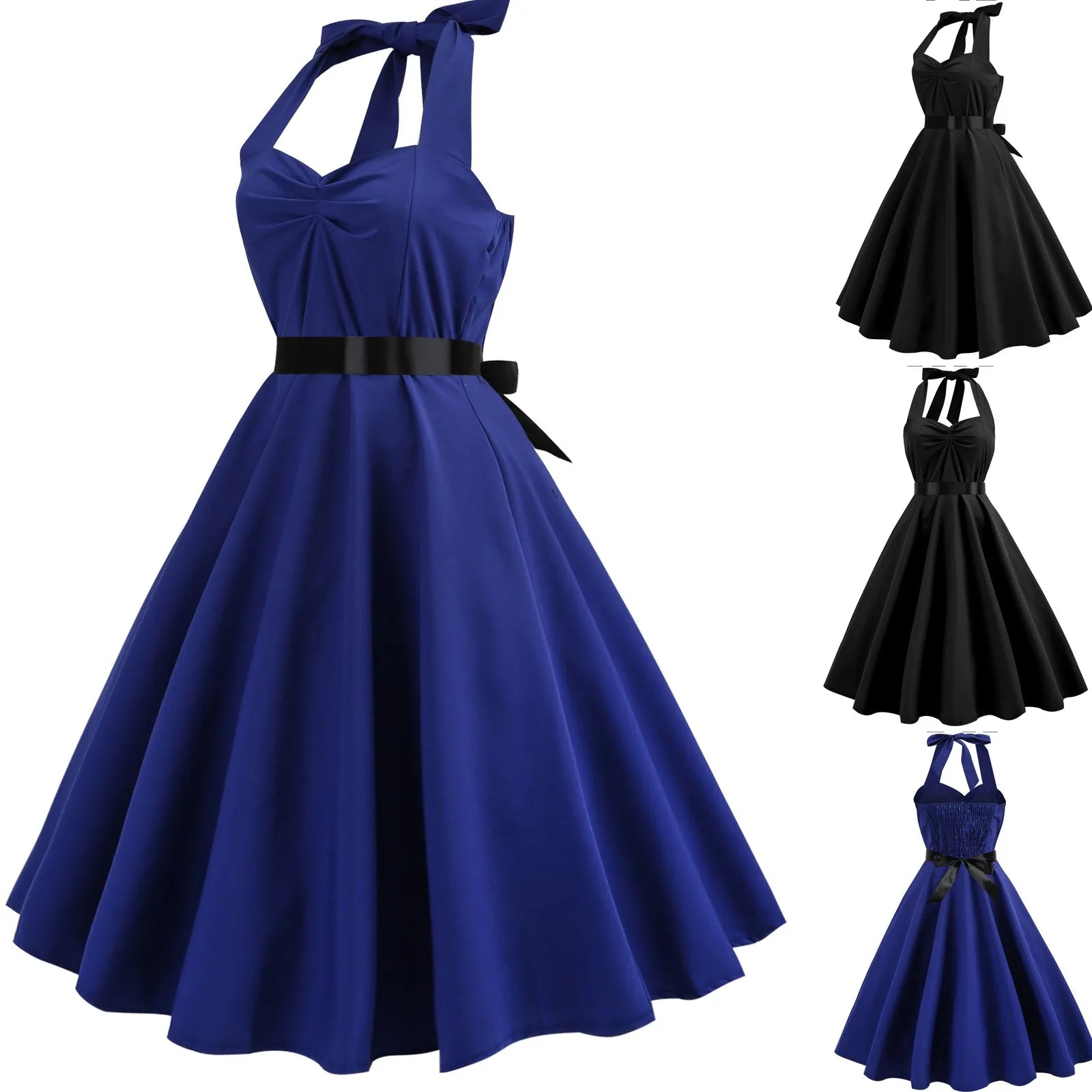 Vestido de fiesta Vintage para mujer, vestido Sexy de Color sólido con cuello Halter, túnica con Pin Up, Rockabilly Y2k, Verano