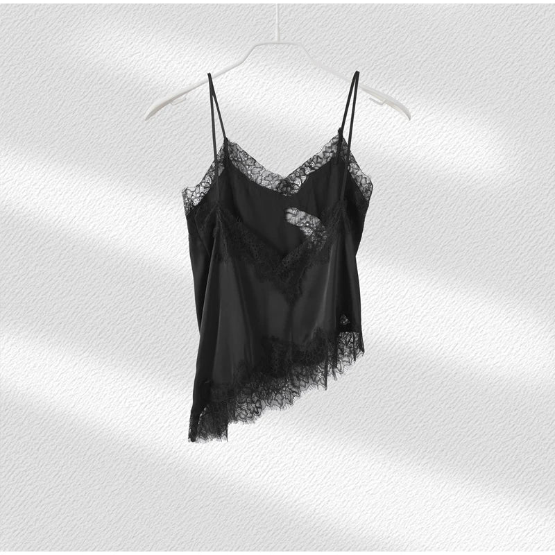 Verano mujeres Halter Top satén encaje empalmado tanque sin espalda cuello profundo Sexy chaleco dobladillo Irregular Vestidos 2025 señora vacaciones Sexy Tops