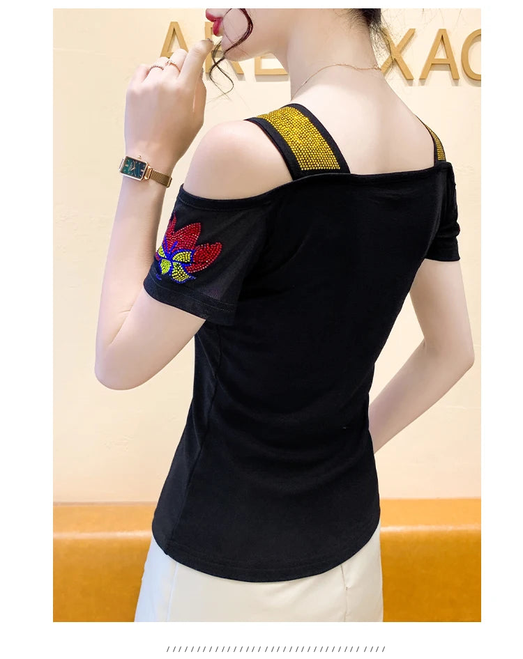 Ropa de calle europea, camiseta de marca para mujer, camisetas ajustadas de manga corta elegantes con diamantes brillantes para mujer
