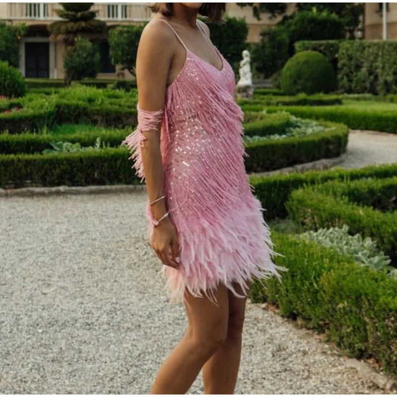 2025 nuevo Sexy borla lentejuelas pluma Mini vestido mujeres Spaghetti Strap costura vestidos mujer elegante vestido de fiesta de noche Club