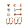 Juego de 5 pares de pendientes de acero inoxidable con circonita cúbica simples y a la moda para mujer, regalo para el día de la madre