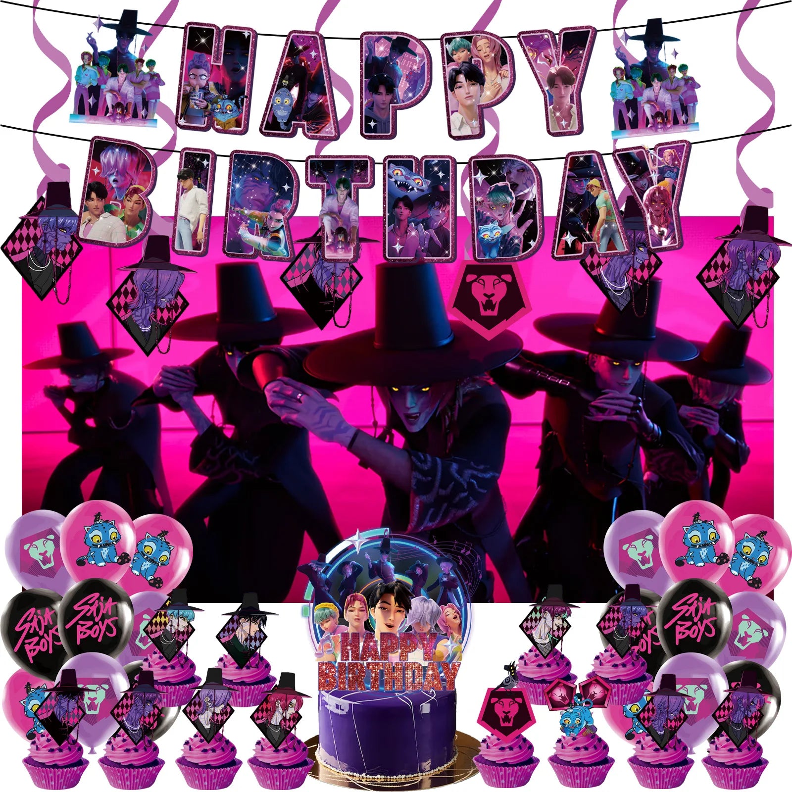 Vajilla desechable para fiesta temática de cazadores de demonios k-pop, plato con bandera de cazador, globo, decoración de cazadores, suministros para fiesta de cumpleaños