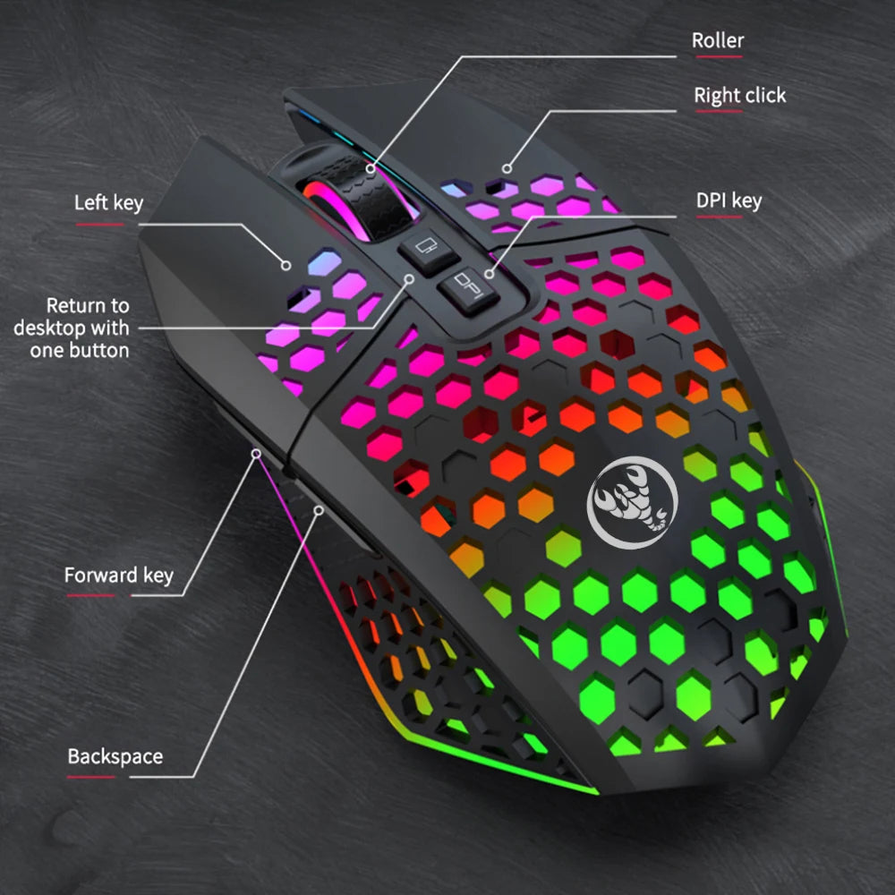 Ratón inalámbrico para juegos: diseño ergonómico con iluminación RGB, carga USB tipo C, carcasa de panal, diestro, precisión óptica