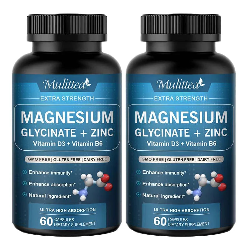 Mulittea Cápsula de magnesio de glicina con Zinc, vitamina D3 B6, salud de huesos y dientes, ayuda a dormir Natural, alivia la ansiedad