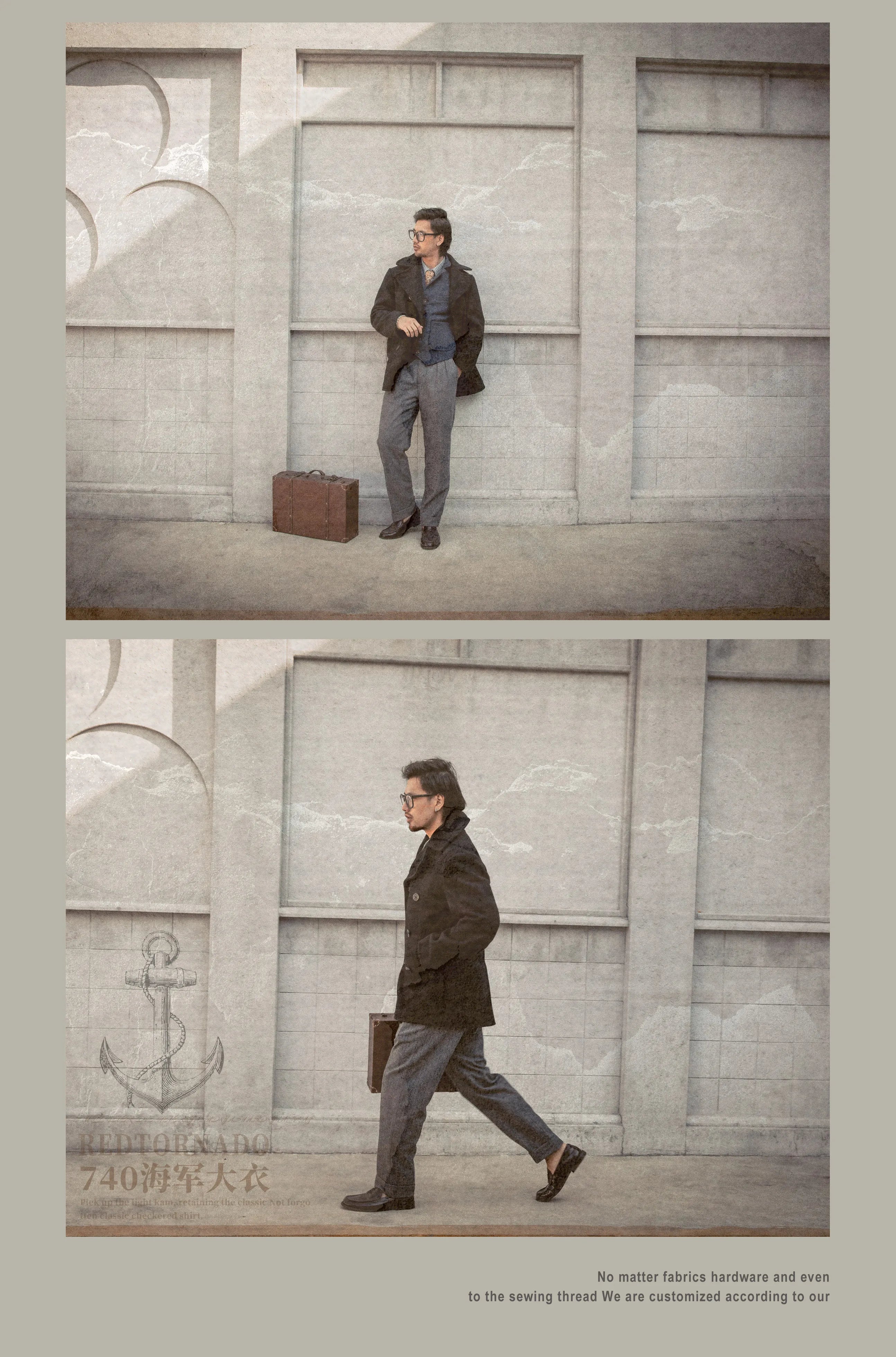 Peacoat Red Tornado 740 en negro, abrigo vintage de mezcla de lana de longitud media con doble botonadura para hombre, chaqueta cálida de invierno