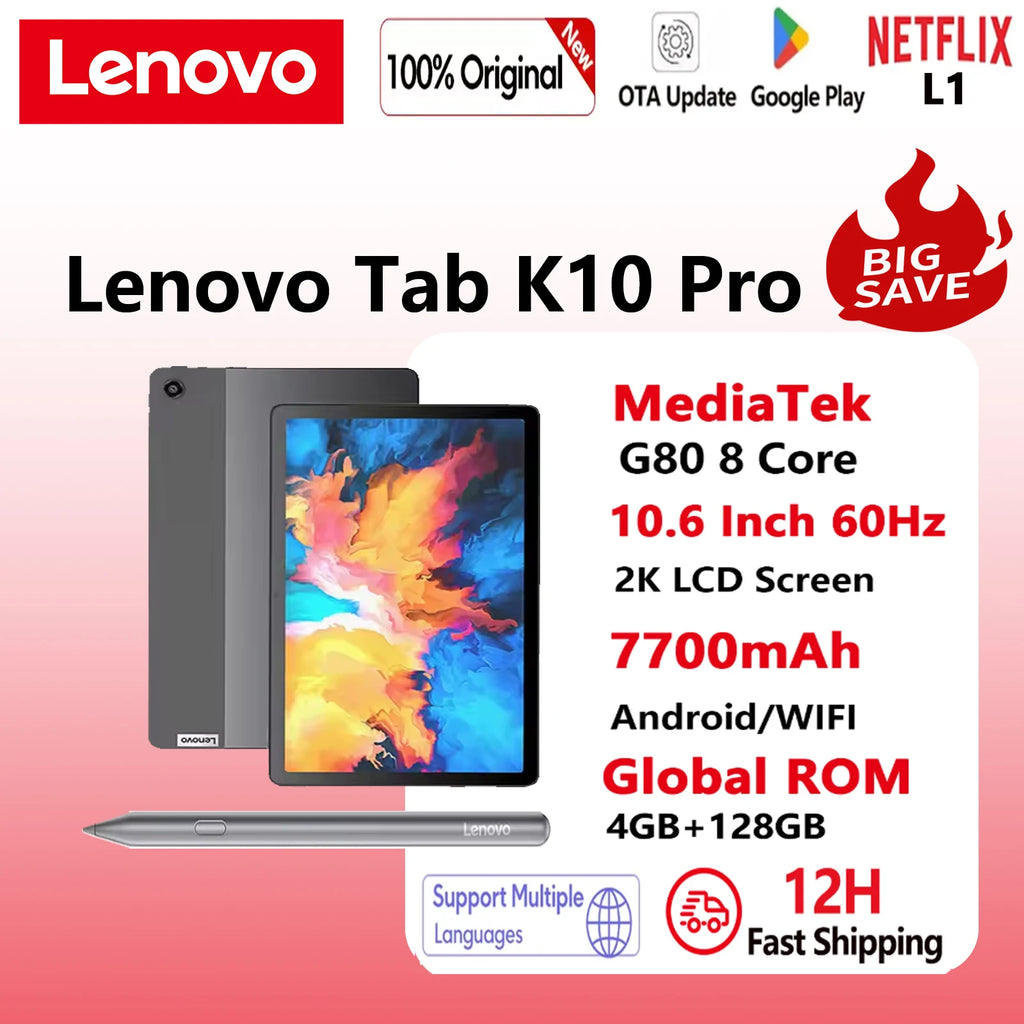 Original Lenovo Tab K10 Pro Global Rom 10,6 pulgadas 60Hz 2K IPS Mediatek G80 Wifi 7700mAh 4GB 128GB M10 Plus tableta Android 2025