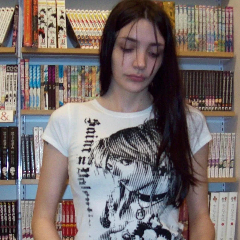 Y2k-Camiseta con estampado de texto para mujer, cuello redondo, montado en la calle, Harajuku, corte Retro Simple, hermosa camiseta informal Kawaii, 90' S
