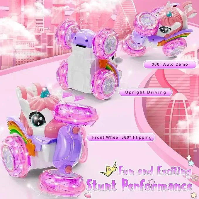 Coche teledirigido unicornio para niñas, 360 °   Coches RC acrobáticos giratorios 4WD con luces lindas, juguetes recargables para niños para regalos de cumpleaños