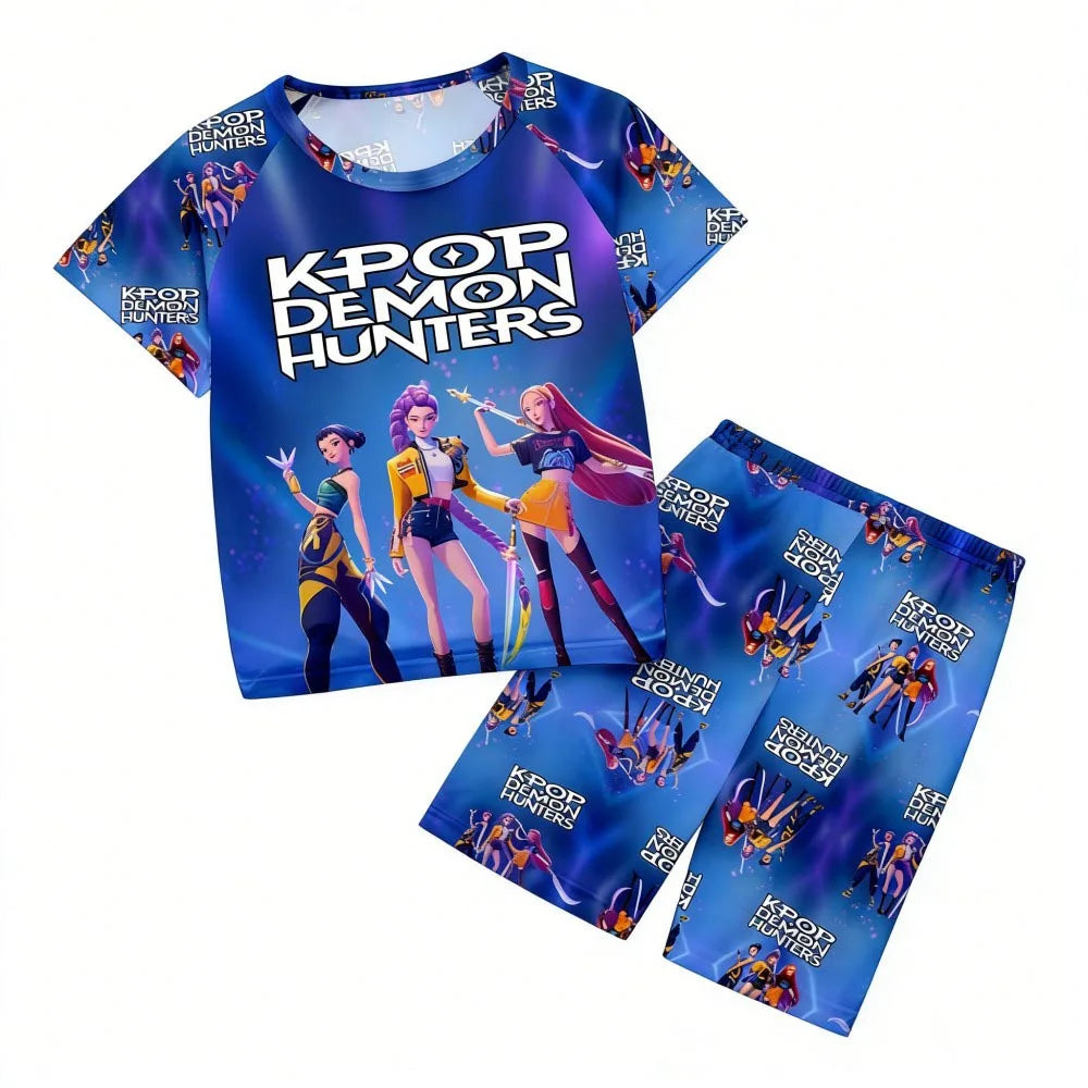 Conjuntos de pijamas para niñas, pijamas de verano para niños pequeños de 3 a 8, 10, 11 y 12 años, Kpop Demon Hunters, camisetas y pantalones cortos, conjunto de pijamas de dos piezas