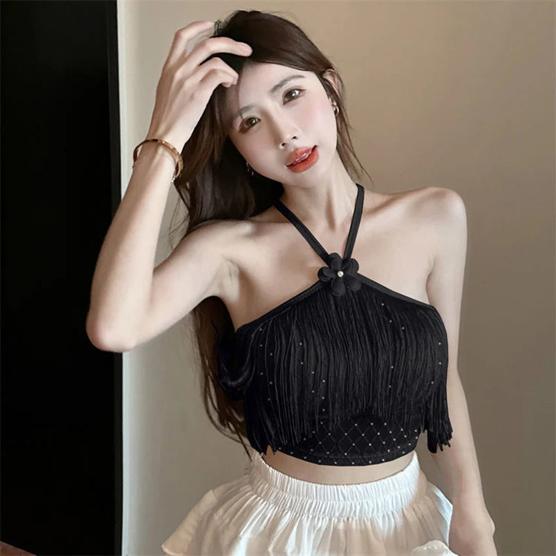 Camisola Sexy con cuello Halter y borlas para mujer, camiseta sin mangas ajustada de Color sólido