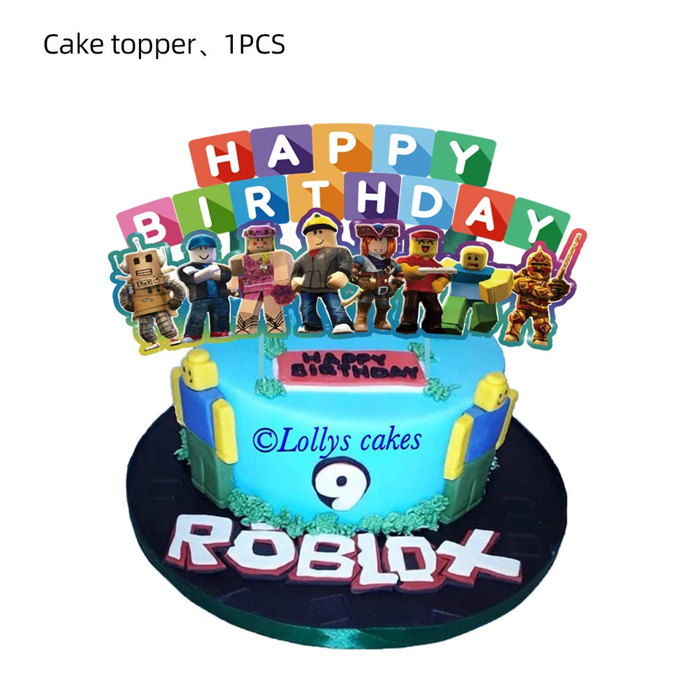 Roblox-Juego de decoración para fiesta de cumpleaños, vajilla de juego, bolsa de regalo, mantel, globo, adorno para pastel, telón de fondo, suministros para fiesta Baby Showe Roblox