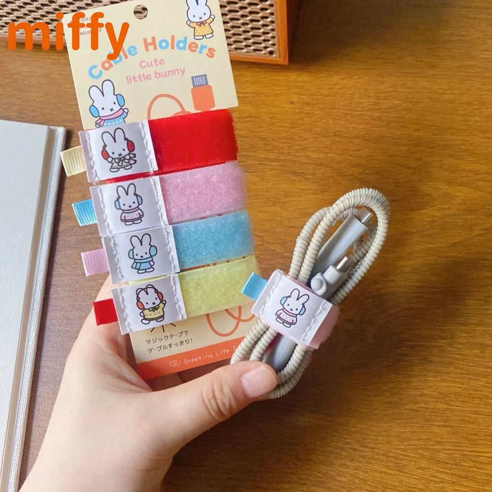 Kawaii Miffy nuevo estilo Cable USB cuerda de almacenamiento conejo de dibujos animados bordado impresión portátil cuerda elástica Cable organizador regalo para niña