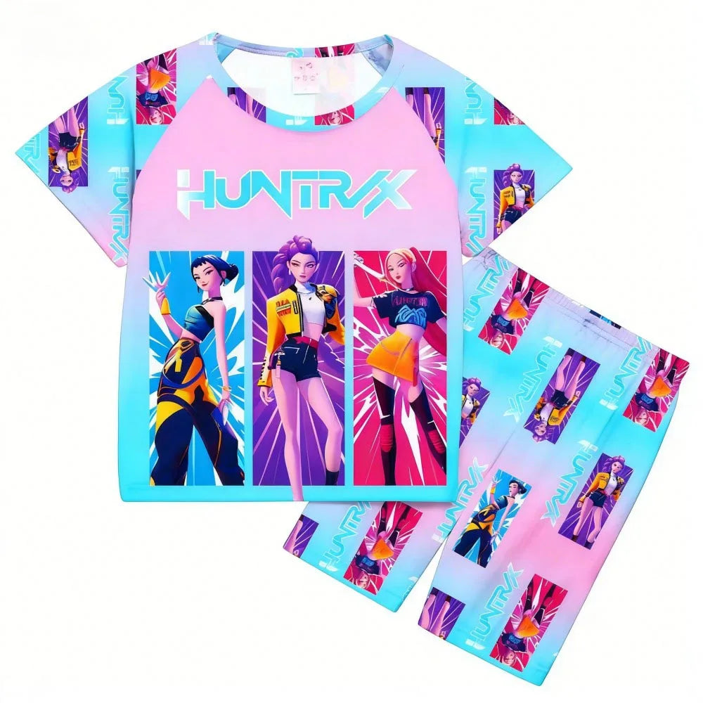 Conjuntos de pijamas para niñas, pijamas de verano para niños pequeños de 3 a 8, 10, 11 y 12 años, Kpop Demon Hunters, camisetas y pantalones cortos, conjunto de pijamas de dos piezas