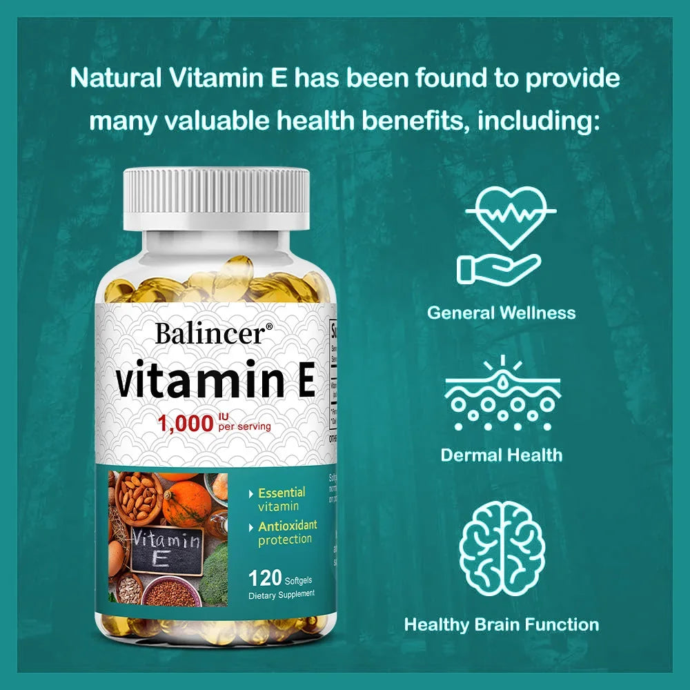 Suplemento de vitamina E, 1000 UI por servicio, potente antioxidante, apoya la piel, el corazón, el cerebro y el sistema inmunológico: sin OGM