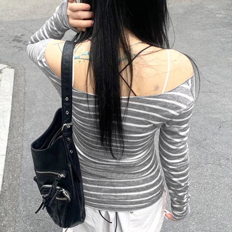 Lamuusaa Grunge Top y2k ropa mujer Cybercore rayas fuera del hombro Camiseta de manga larga 2000s ropa gótica ropa de calle de otoño