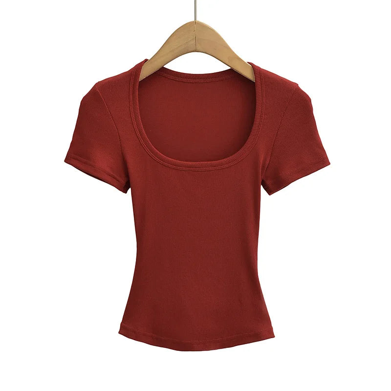 Top corto de alta elasticidad con cuello cuadrado para mujer, top sexy de manga corta, jersey ajustado, camisa básica de verano