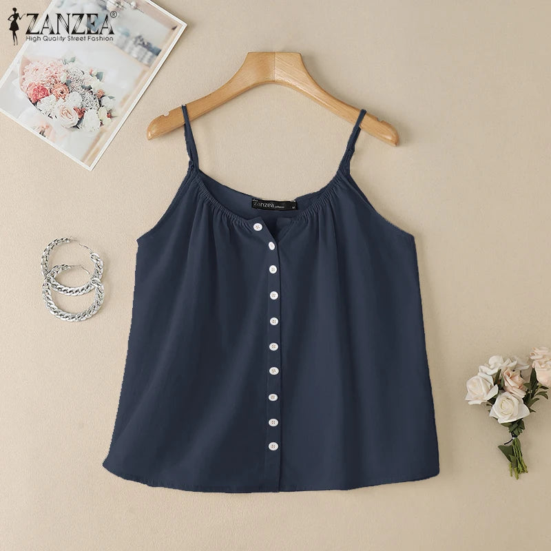 2025 camisetas sin mangas de verano para mujer ZANZEA moda Spaghetti Strap Blusa de algodón Casual suelta sólida playa Camis sin mangas camisa de vacaciones