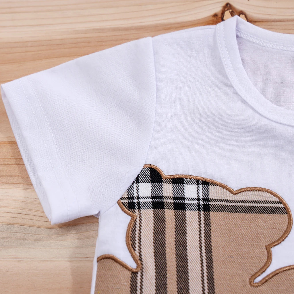 IURNXB-Conjunto de ropa para bebé, camisetas de manga corta + Pantalones cortos con estampado de oso a cuadros de dibujos animados, Tops bonitos para niños, pantalones, trajes informales de 3 a 24M, 2 uds.